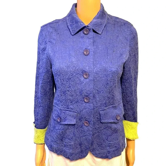 Blue Floral Stretch Jacket Button Front Women Size Medium Pocket - Picture 1 of 6